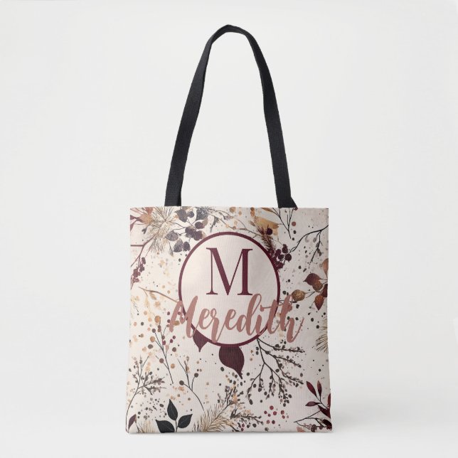 Custom Script Monogram Fall Foliage Blush Pink Tote Bag (Front)