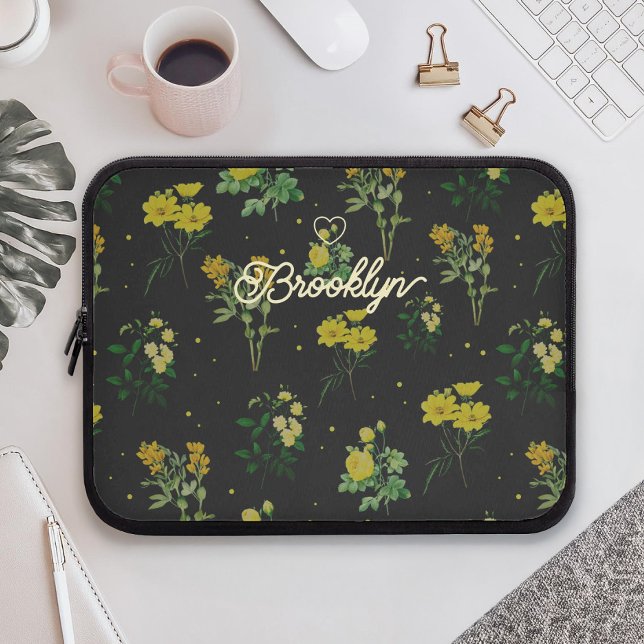 Custom Script Name Floral Pattern Laptop Sleeve (Creator Uploaded)