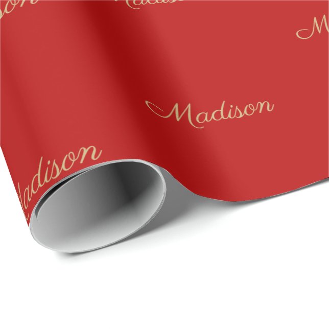 Custom script Name gold crimson red Birthday   Wrapping Paper (Roll Corner)