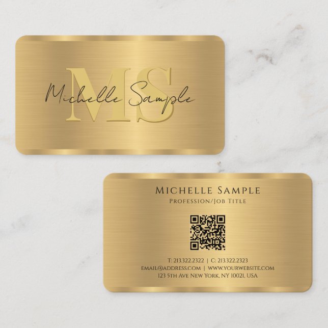 Custom Script Name QR Code Template Gold Monogram Business Card (Front/Back)