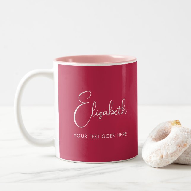 Custom Script Name Text Trend Colour Viva Magenta Two-Tone Coffee Mug (With Donut)