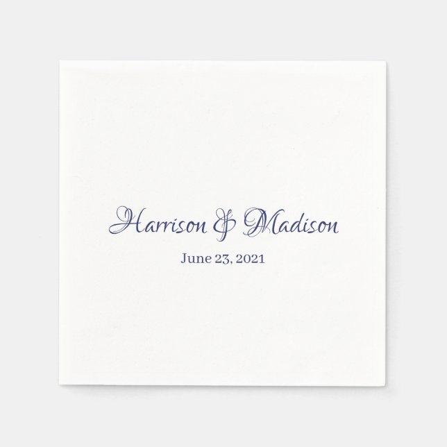 Custom script navy blue Names and Date Wedding Napkin (Front)