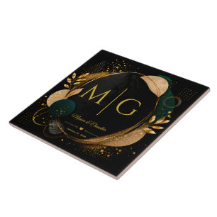 Custom Script on Luxury Black Gold Abstract Frame Ceramic Tile