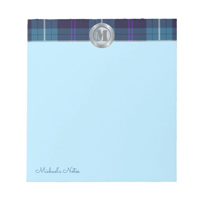 Custom Script Plaid Tartan Metallic Steel Monogram Notepad (Front)