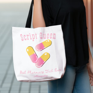 Custom Script Queen Pink Capsule Pharmacy Tech Tote Bag