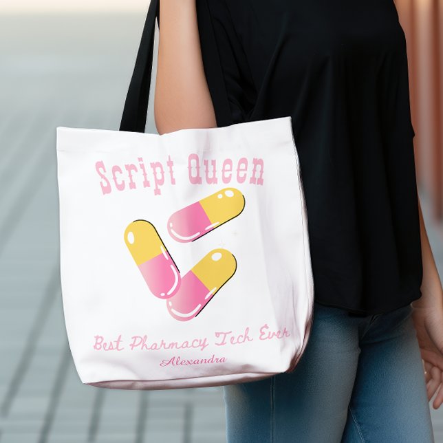Custom Script Queen Pink Capsule Pharmacy Tech Tote Bag (Creator Uploaded)