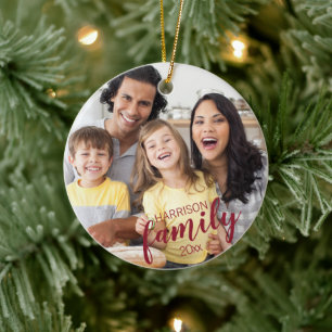 Custom Script Red FAMILY 2 Photo Keepsake Ceramic Ornament