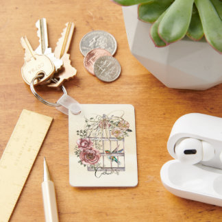 Custom script text adorable watercolor birgcage key ring