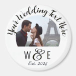 Custom Script Text Fridge Magnet Wedding Favours<br><div class="desc">Custom printed, personalised CALLIGRAPHY SCRIPT font template ROUND Photo Fridge Magnet wedding favours. Template personalised on front of photo fridge magnet, available in 3 sizes: 1.25", 2.25" and 3" diameter. UPPER TEXT - main wedding statement. Replace IMAGE with your wedding couple, engagement, wedding photo. LOWER TEXT - The monogram template...</div>