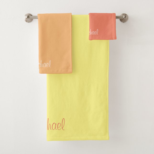 Custom Script Typography Name Yellow Orange Salmon Bath Towel Set (Insitu)