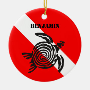 Custom Scuba Diving Flag and Sea Turtle Ceramic Ornament