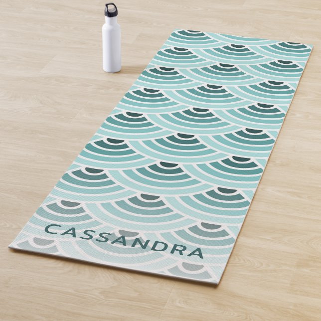 Custom Seafoam Blue Green Wave Circles Art Pattern Yoga Mat (In Situ)