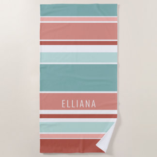 Custom Seafoam Green Coral Red Blush Pink Stripes Beach Towel