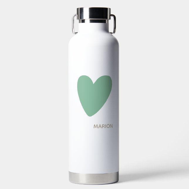 Custom Seafoam Mint Green White Heart Water Bottle (Front)