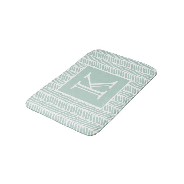 Custom Seaglass Mint Green White Zigzag Stripes Bath Mat (Angled)