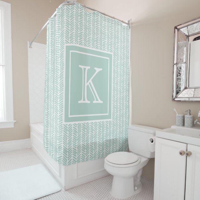 Custom Seaglass Mint Green White Zigzag Stripes Shower Curtain (In Situ)