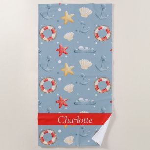 Custom Seashell Starfish Anchor Lifesaver Blue Beach Towel
