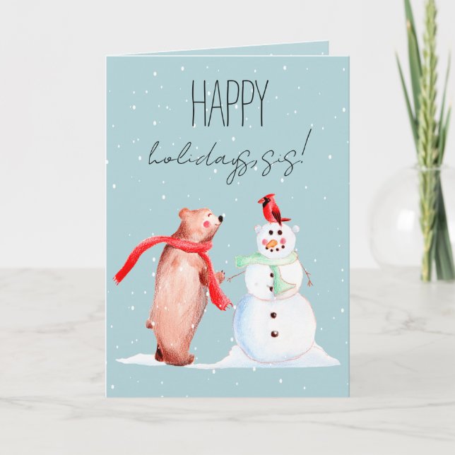 Custom Seasonal Bear, Red Cardinal and Snowman Card (Front)