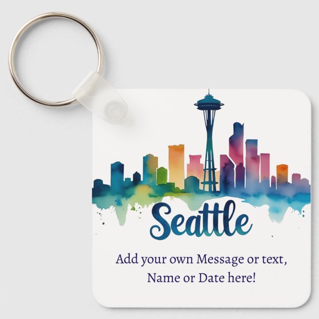 Custom Seattle City watercolor Skyline Key Ring (Front)