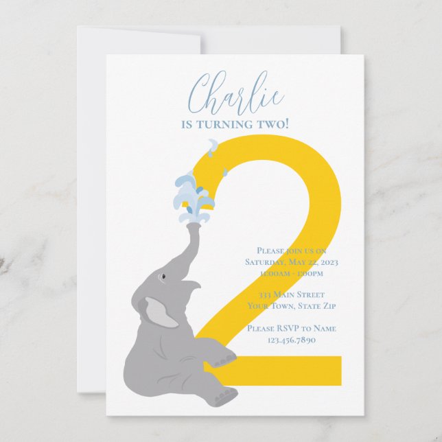 Custom Second Birthday Modern Elephant Invitation (Front)