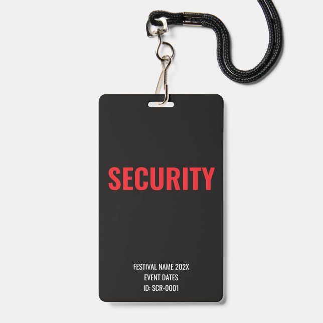 Custom Security Access Concert Festival Red ID Badge (Front with Lanyard)