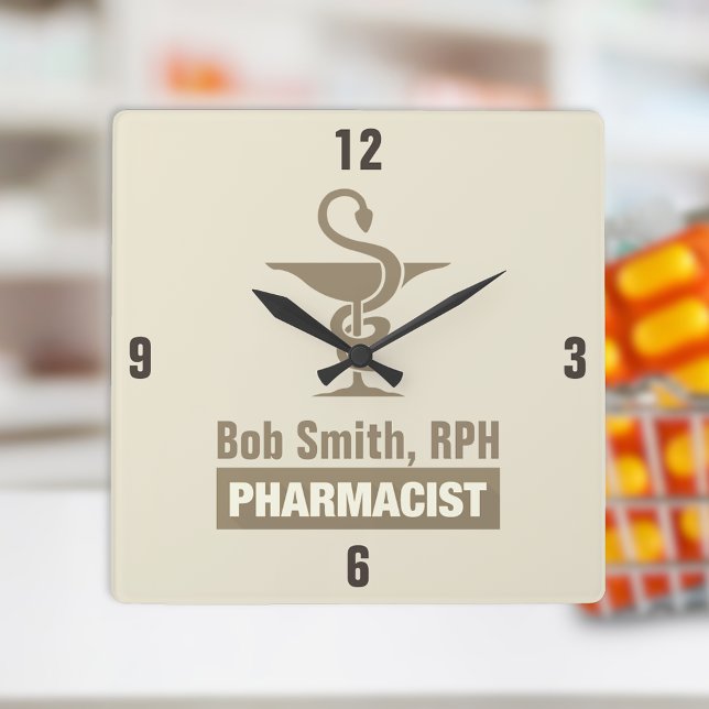 Custom Sepia Pharmacist Bowl of Hygieia Square Wall Clock (Creator Uploaded)