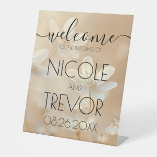Custom Sepia White Flowers Welcome Wedding  Pedestal Sign