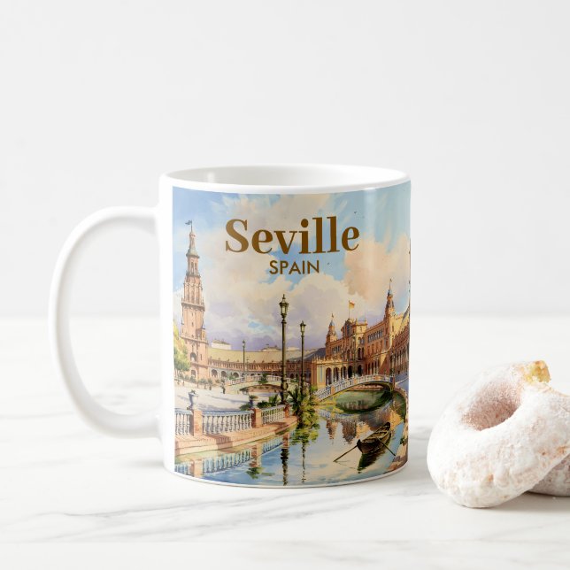 Custom Seville Spain Plaza de Espana Watercolor Coffee Mug (With Donut)