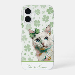 Custom Shamrock Cat with Blue Eyes iPhone 16 Case