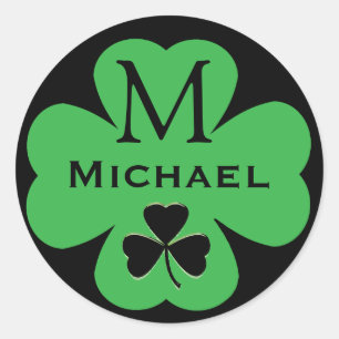 Custom Shamrock with Monogram and Name Classic Round Sticker