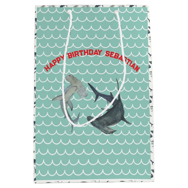 Custom Shark Gift Bag | Aqua and White Ocean Waves (Front)
