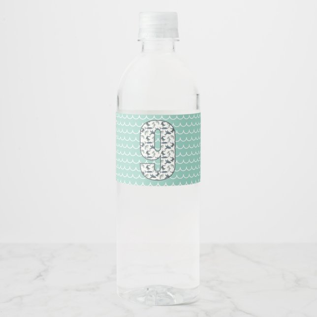 Custom Shark Water Bottle Label | 9th Birthday (Front)