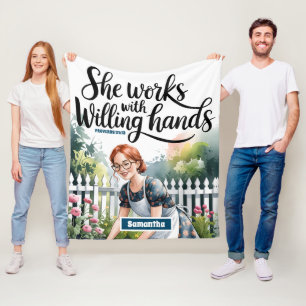 Custom She Works with Willing Hands Christian Fleece Blanket