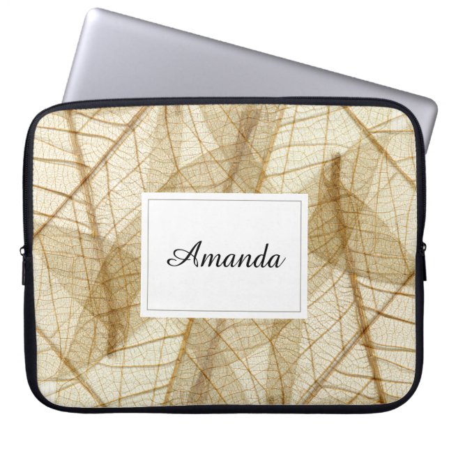 Custom Sheer Cream Beige Lace Leaves Laptop Sleeve (Front)