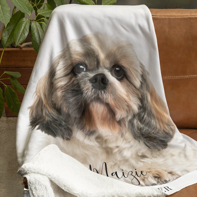 Custom Shih Tzu Dog Personalised Pet Photo Fleece Blanket (Shih Tzu Dog Sherpa White Blanket)