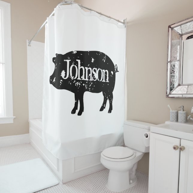 Custom shower curtain with black pig silhouette (In Situ)