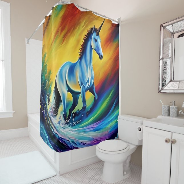 Custom Shower Curtains, Rainbow Unicorn Design Curtain (In Situ)