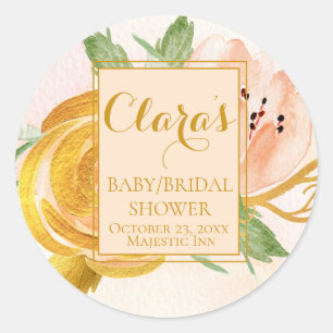 Custom Shower Gold Apricot Watercolor Floral Classic Round Sticker