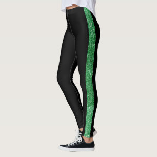 Custom Side Stripe Green Glitter Stripe on Black Leggings