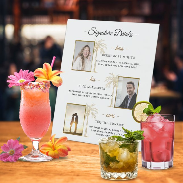 Custom Signature Drinks Gold Palm Wedding Photo Pedestal Sign (Custom Signature Drinks Gold Palm Wedding Photo Pedestal Sign)