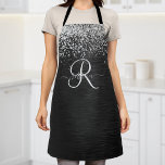 Custom Silver Glitter Black Sparkle Monogram Apron<br><div class="desc">Easily personalise this trendy elegant apron design featuring pretty silver sparkling glitter on a black brushed metallic background.</div>