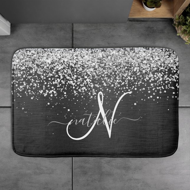 Custom Silver Glitter Black Sparkle Monogram Bath Mat (Creator Uploaded)