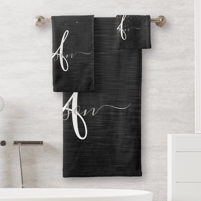 Custom Silver Glitter Black Sparkle Monogram Bath Towel Set (Creator Uploaded)