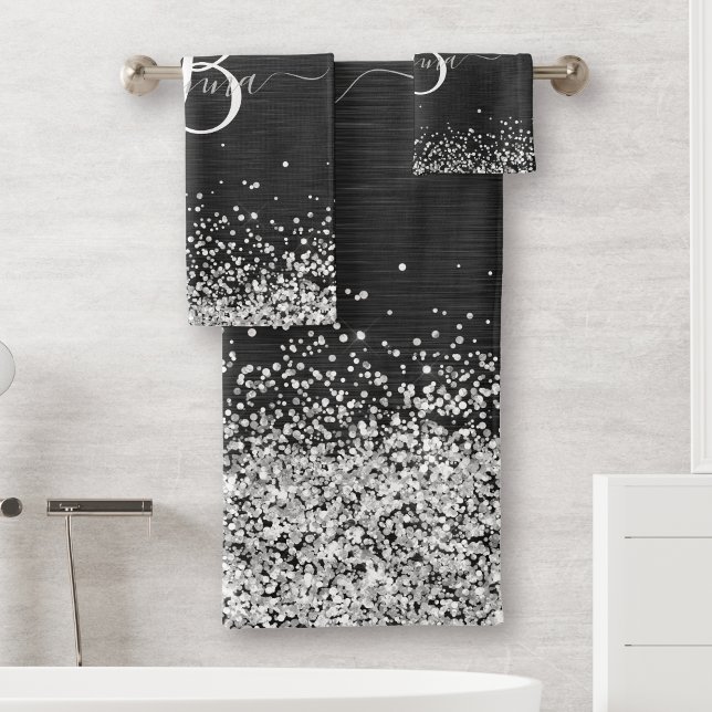 Custom Silver Glitter Black Sparkle Monogram Bath Towel Set (Creator Uploaded)