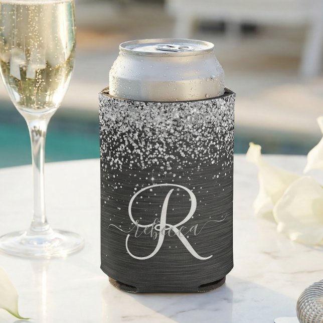 Custom Silver Glitter Black Sparkle Monogram Can Cooler (Creator Uploaded)
