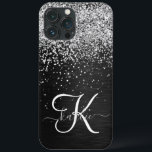 Custom Silver Glitter Black Sparkle Monogram iPhone 13 Pro Max Case<br><div class="desc">Easily personalise this trendy elegant phone case design featuring pretty silver sparkling glitter on a black brushed metallic background.</div>