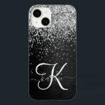 Custom Silver Glitter Black Sparkle Monogram Case-Mate iPhone 14 Case<br><div class="desc">Easily personalise this trendy elegant phone case design featuring pretty silver sparkling glitter on a black brushed metallic background.</div>