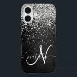 Custom Silver Glitter Black Sparkle Monogram iPhone 16 Case<br><div class="desc">Easily personalise this trendy elegant phone case design featuring pretty silver sparkling glitter on a black brushed metallic background.</div>