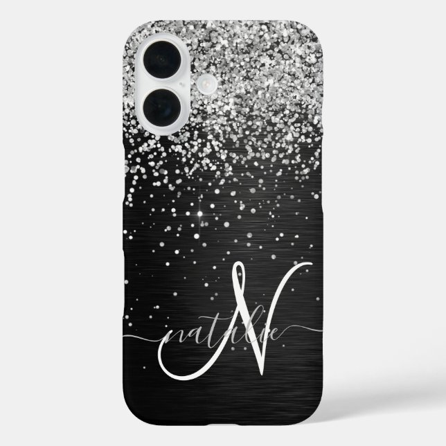Custom Silver Glitter Black Sparkle Monogram Case-Mate iPhone Case (Back)
