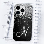 Custom Silver Glitter Black Sparkle Monogram Case-Mate iPhone 14 Pro Case<br><div class="desc">Easily personalise this trendy elegant phone case design featuring pretty silver sparkling glitter on a black brushed metallic background.</div>